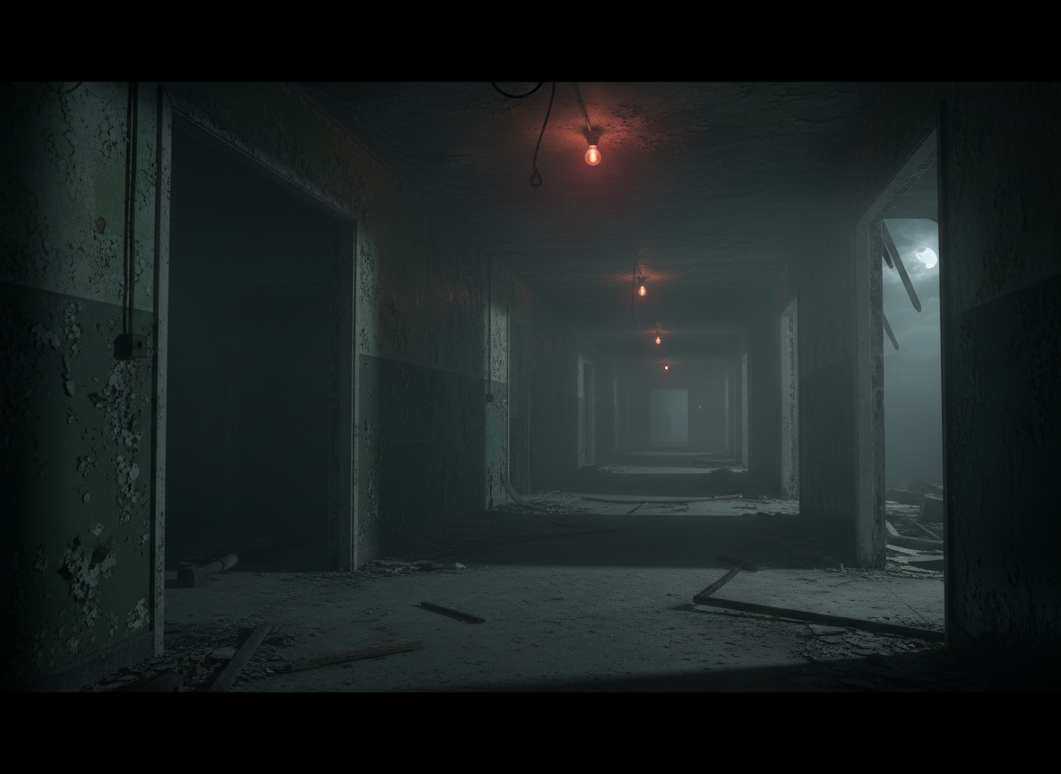 A dark, atmospheric indie horror game background — dimly lit abandoned corridor with flickering light, eerie fog, and a deeply unsettling mood. Muted dark tones: blacks, deep greens and greys. Cinematic, wide, no text, no UI elements. Subtle enough to sit behind text without competing.